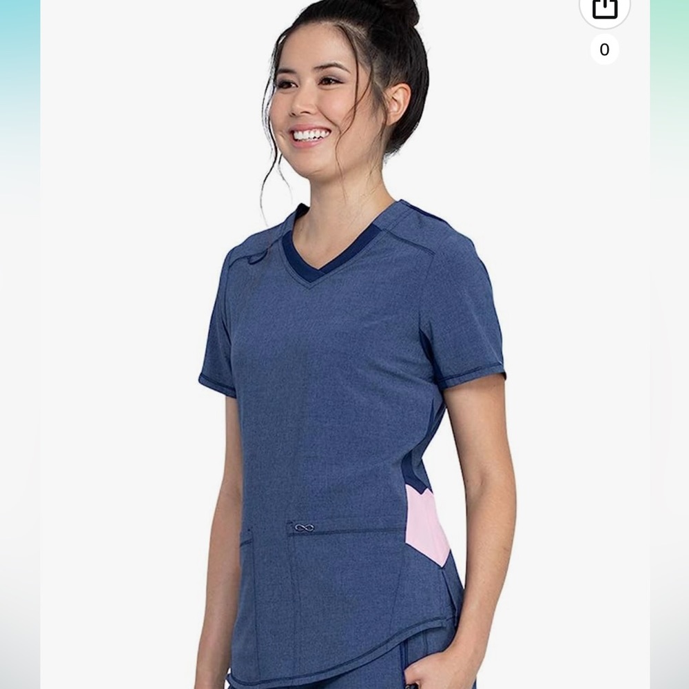 Cherokee Infinity Women's V-Neck Top, Heather Navy, Baby Pink on Sides, X-Large